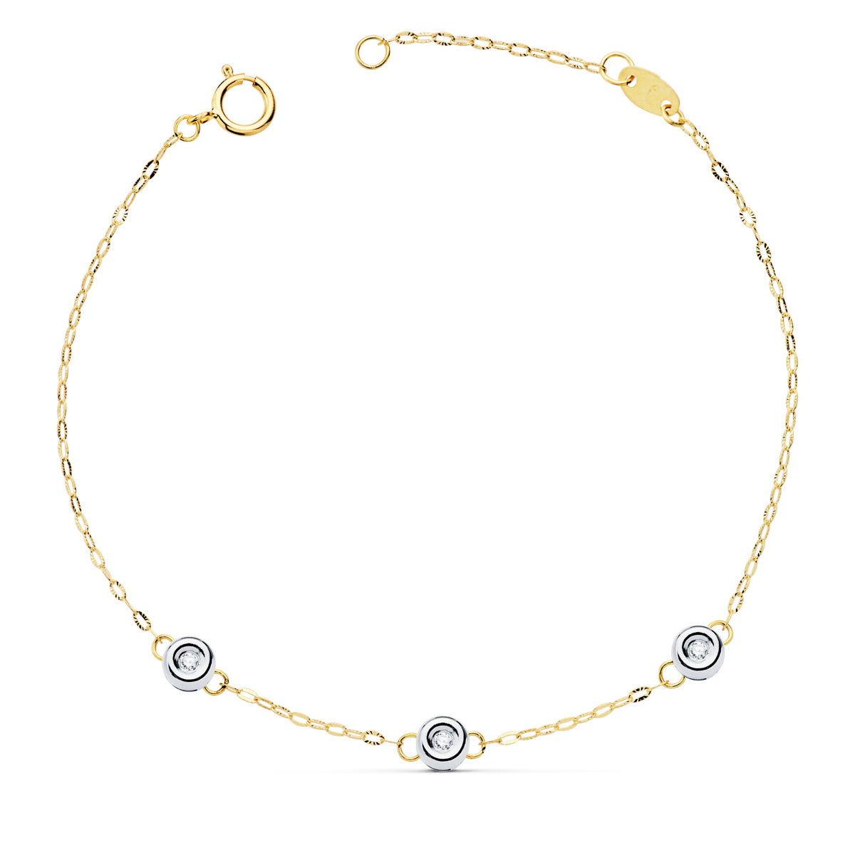 Bracelet 18K Bicolore 3 Diamants de Laboratoire 0.045 Cts G-VS2 Longueur : 19 Cm