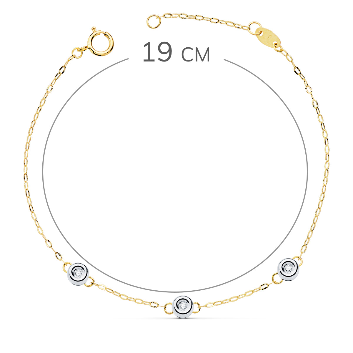 Bracelet 18K Bicolore 3 Diamants de Laboratoire 0.045 Cts G-VS2 Longueur : 19 Cm