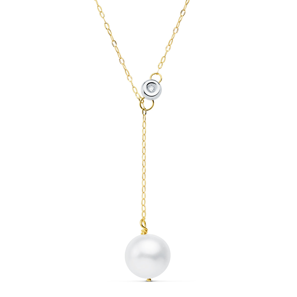 Collier en Or 18K Bicolore Perles 12 mm Chaîne 45CM Chaton 5MM Lab Diamond 0,020 Qts G-VS2 Perle 11MM