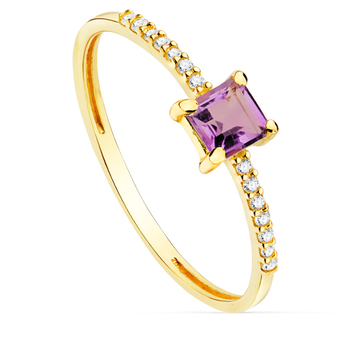18K gul guldring 14 diamanter 0070 Qts G-VS2 Ametyst 4X4 mm Krop 1 mm