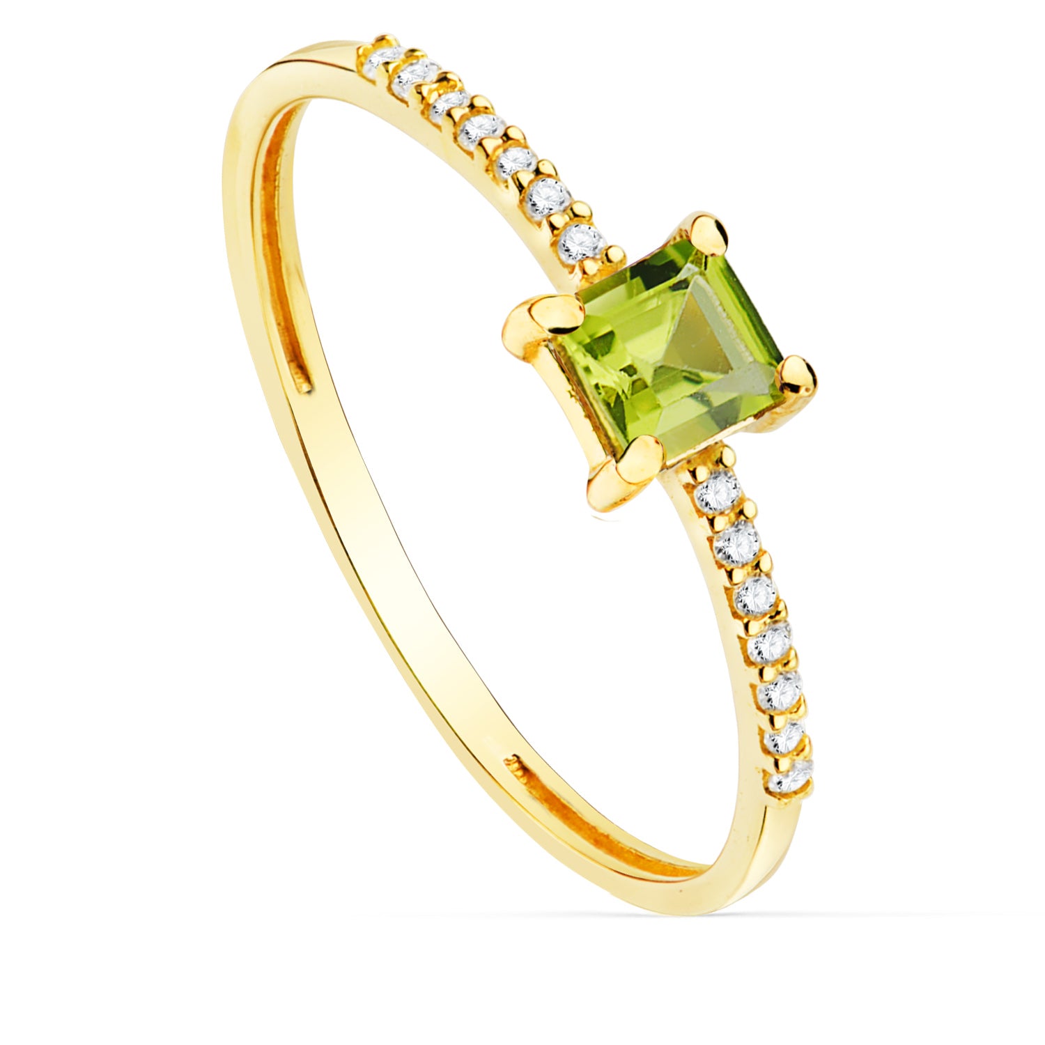 Bague Or Jaune 18K 14 Diamants 0070 Qts G-VS2 Péridot Naturelle 4X4 mm Corps 1 mm