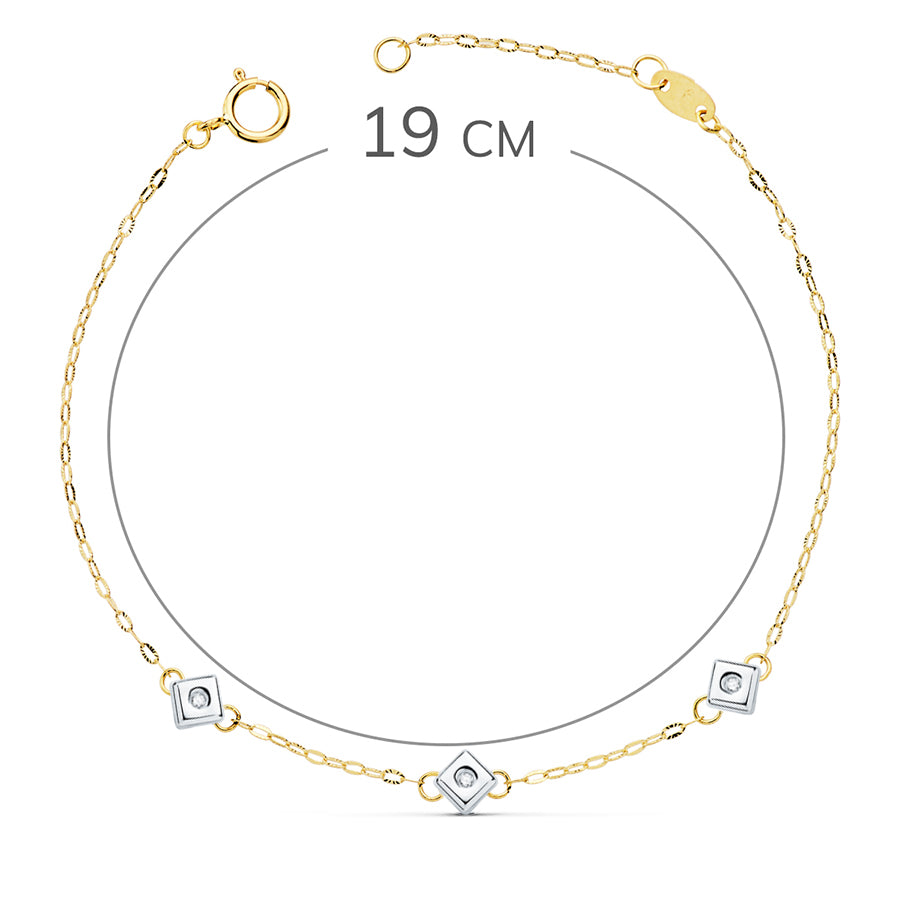 Pulseira Chaton em ouro bicolor 18K com 3 diamantes com diamantes de laboratório VS2-G de 0,045 quilates Comprimento: 17 cm
