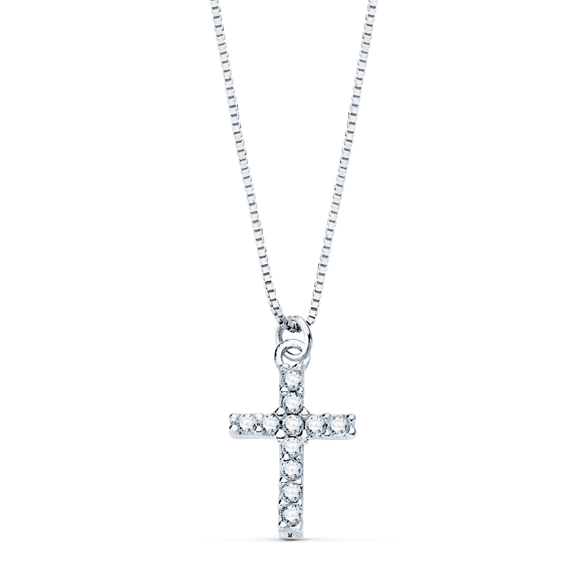 Collier Croix en Or Blanc 18K 8,5 X 6,5MM 11 Diamants Lab 0,050 Qt Chaîne Vénitienne 45CM G-VS2