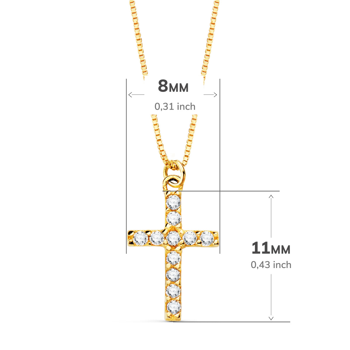 Collier Croix en Or Jaune 18K 11X8 mm 11 Diamants de Laboratoire 0,090 Ct Chaîne Vénitienne 45CM G-VS2