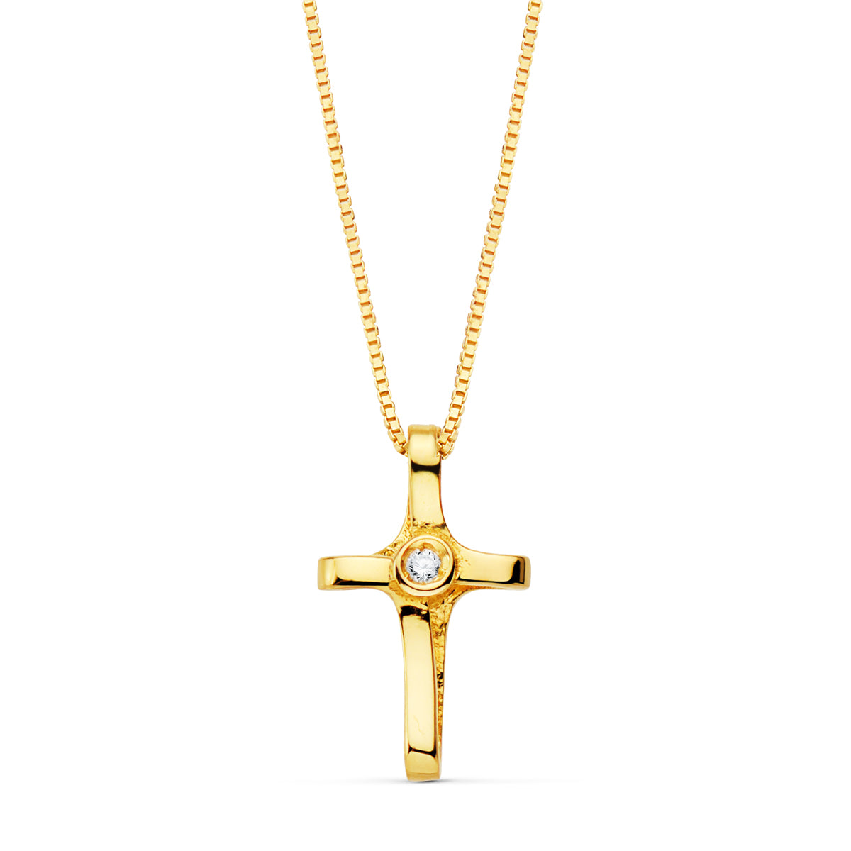 Collier Or Jaune 18K Croix 12X7 mm 1 Diamant de Laboratoire 0,010 Qt Chaîne Vénitienne 45CM G-VS2