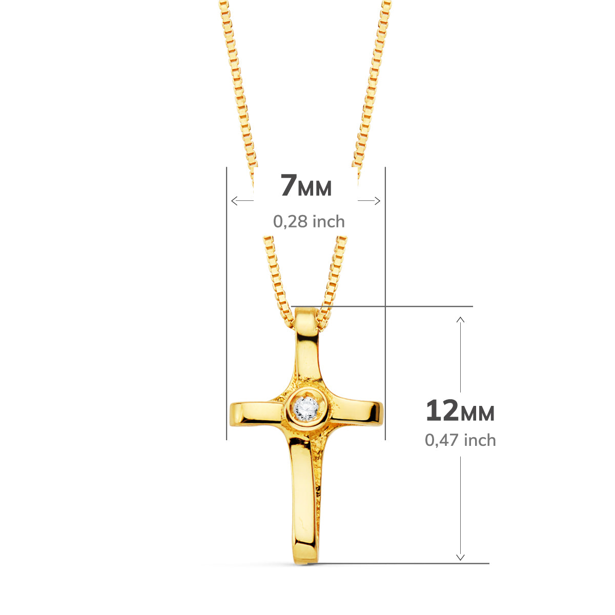 Collier Or Jaune 18K Croix 12X7 mm 1 Diamant de Laboratoire 0,010 Qt Chaîne Vénitienne 45CM G-VS2