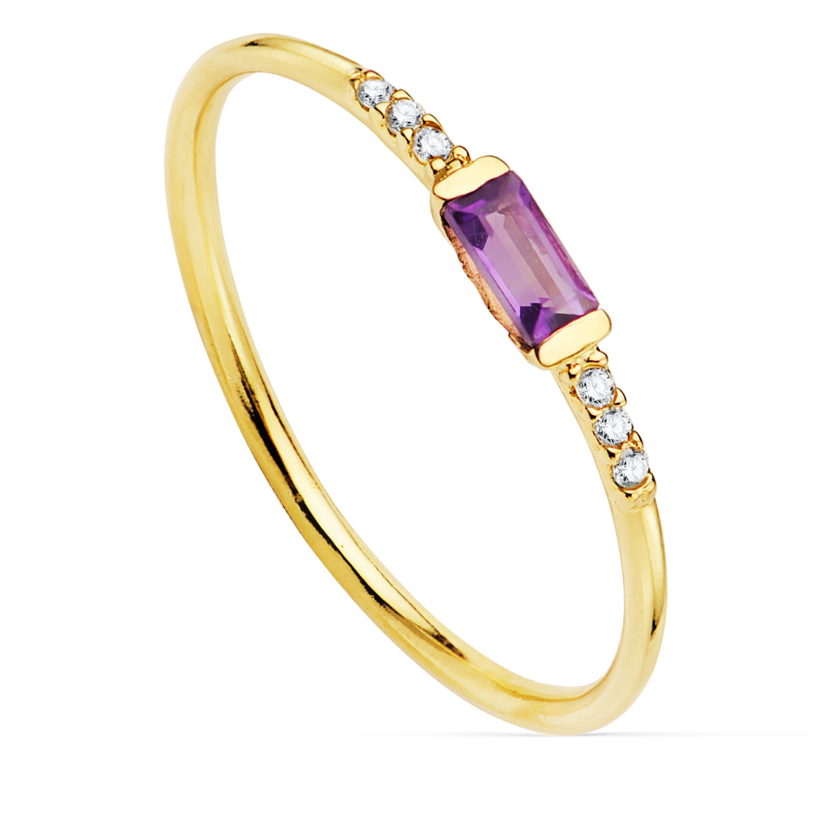 18K gul guldring med 0,030 Ct diamant. G-VS2. Ametyst 4X2 mm