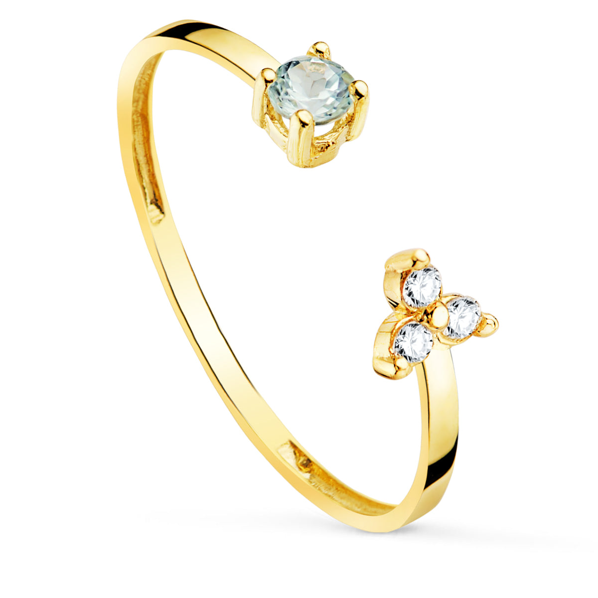 18K Bague Ouverte en Or Jaune. Diamants 0.0450CT & Pierres Fines 1.10MM