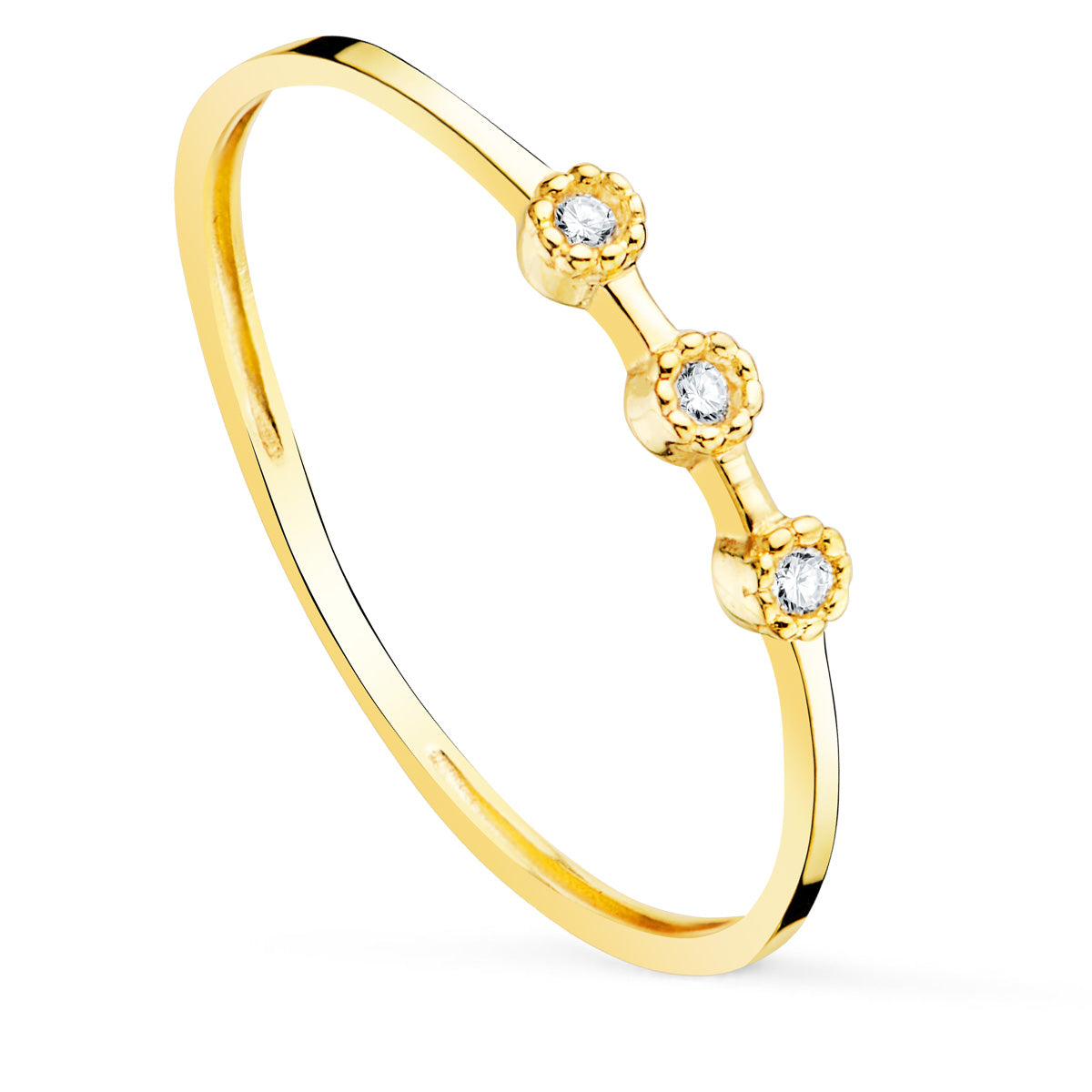 18K Bague en Or Jaune & 3 Diamants Serti Clos 0.0240CT 1.10MM
