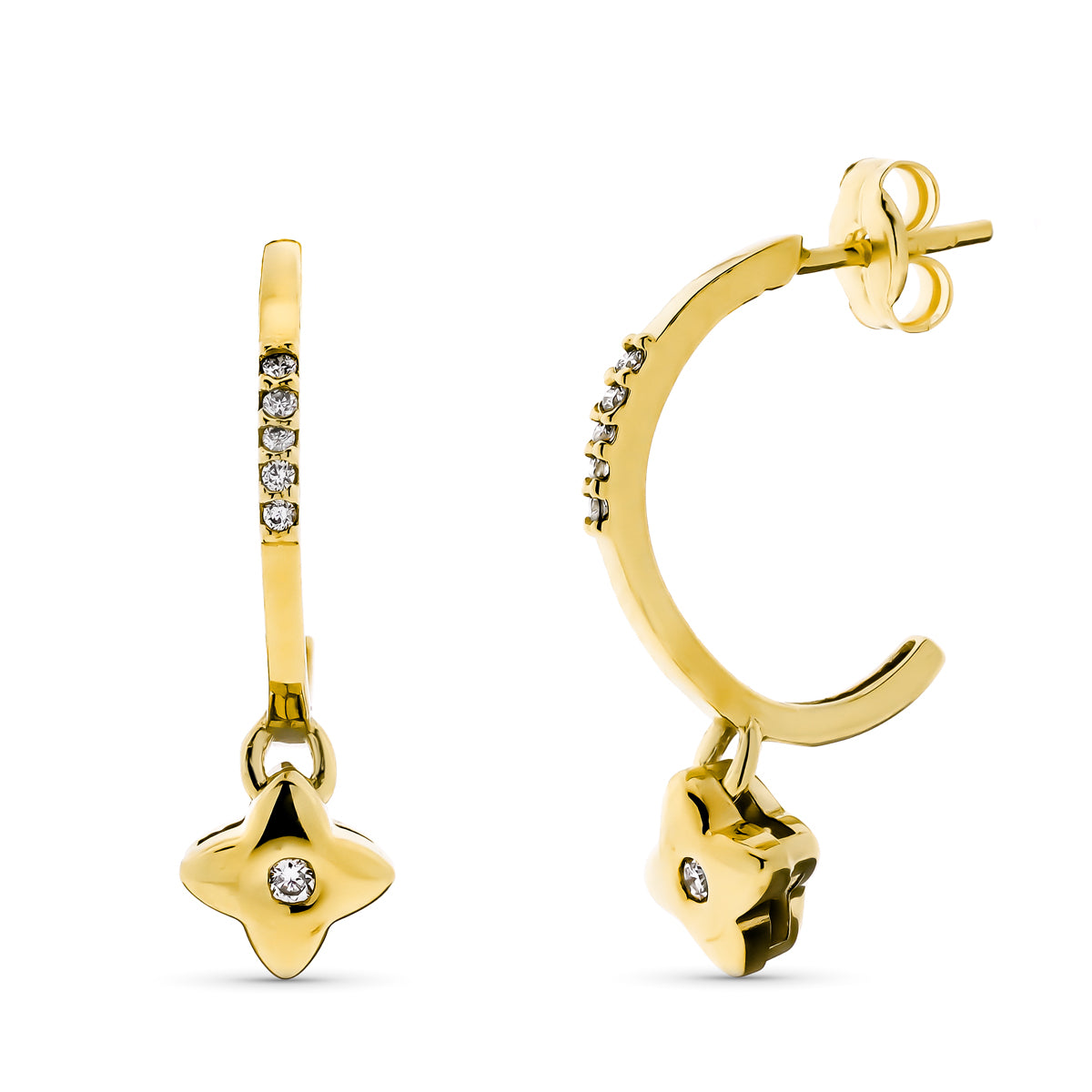 Boucles d'oreilles en Or Jaune 18K avec Pendentif Chaton et Diamants Lab VS2-G 0.160 Cts Taille : 23X3 mm