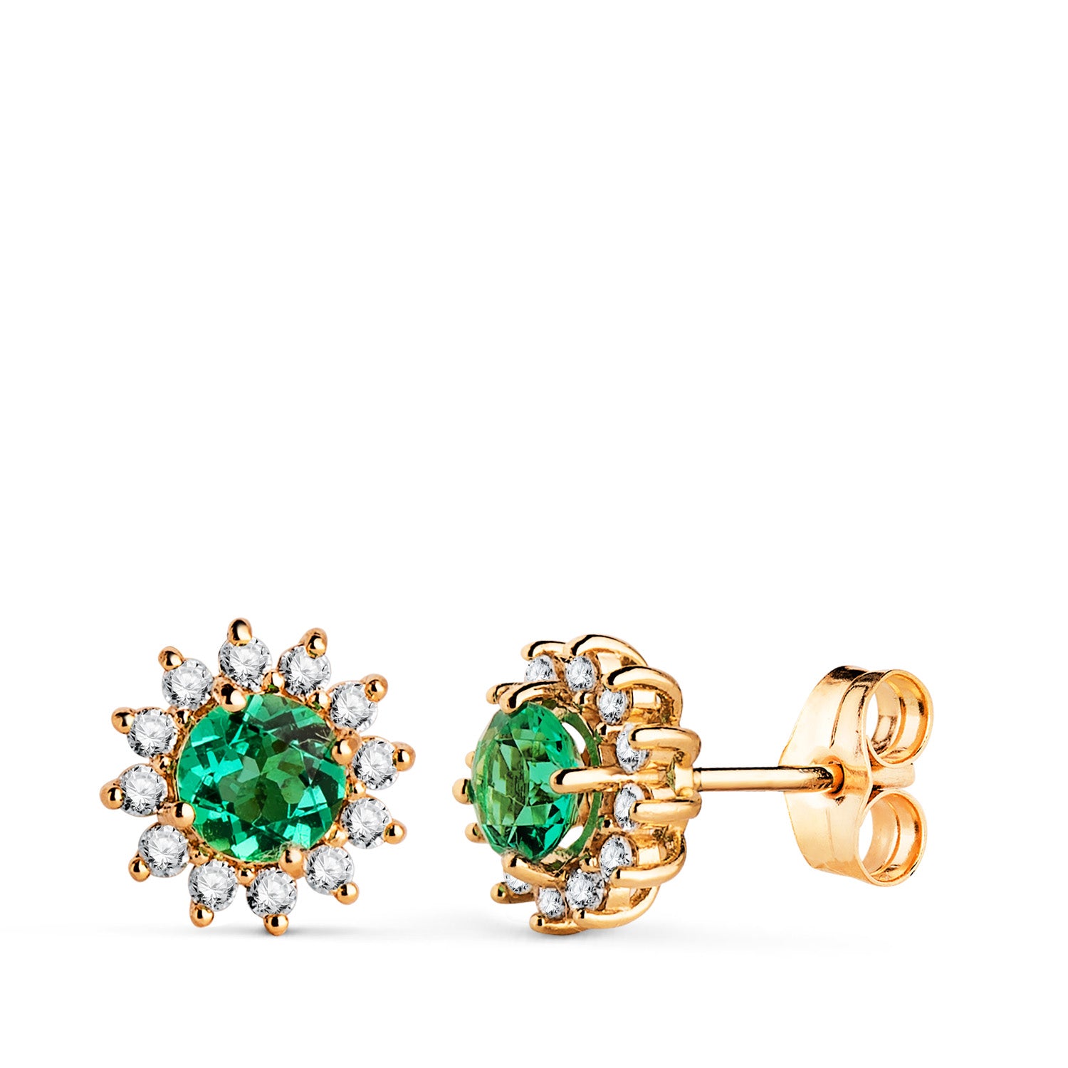 Boucles d'oreilles en Or Jaune 18K 24 Diamants de Laboratoire et Émeraude 5 mm 0.96 Ct 0.340 Ct VS2-G 9 mm Fermoir à Poussettes Papillon
