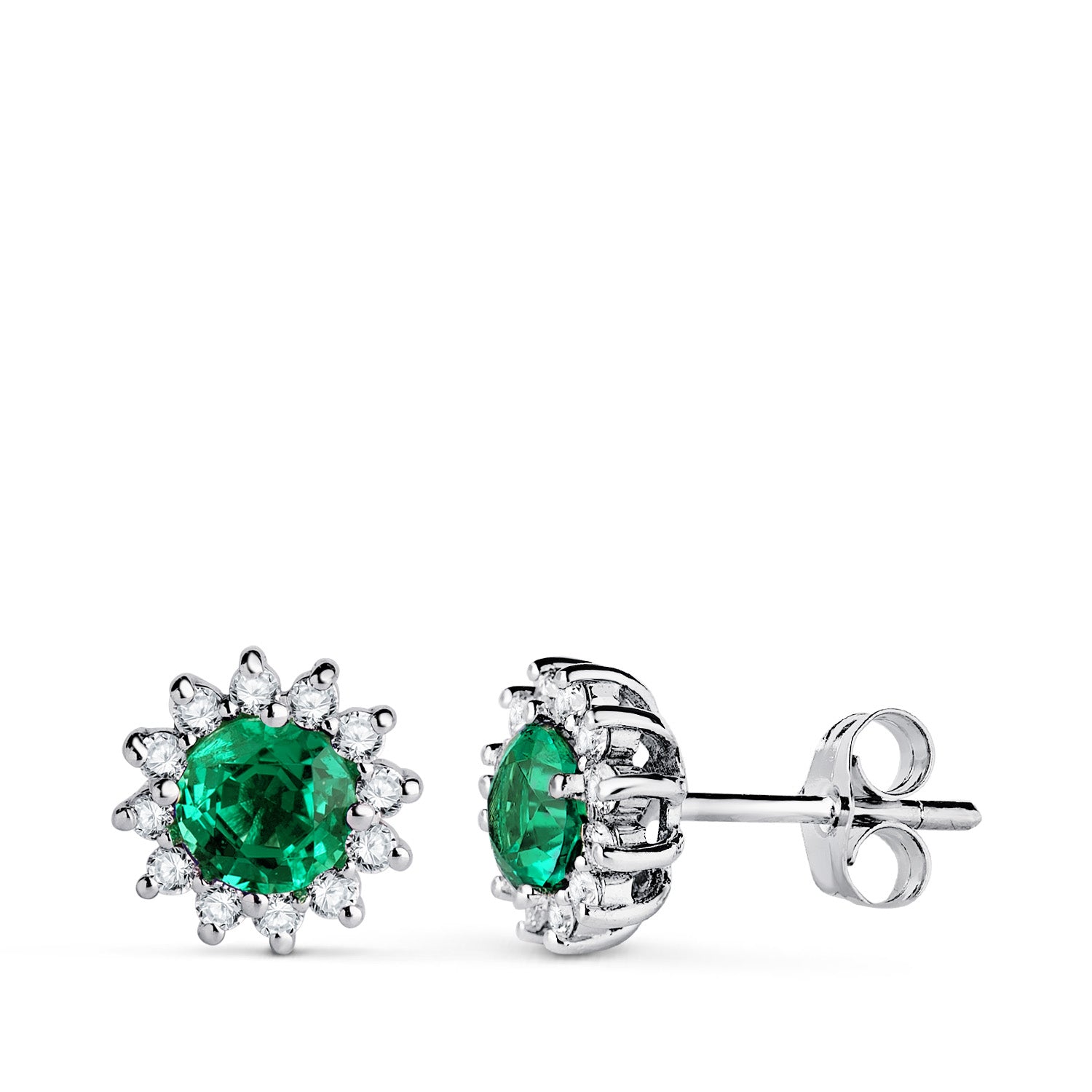 Boucles d'oreilles en Or Blanc 18K 24 Diamants de Laboratoire et Émeraude 5 mm 0.96 Ct 0.340 Ct VS2-G 9 mm Fermoir Poussettes Papillon