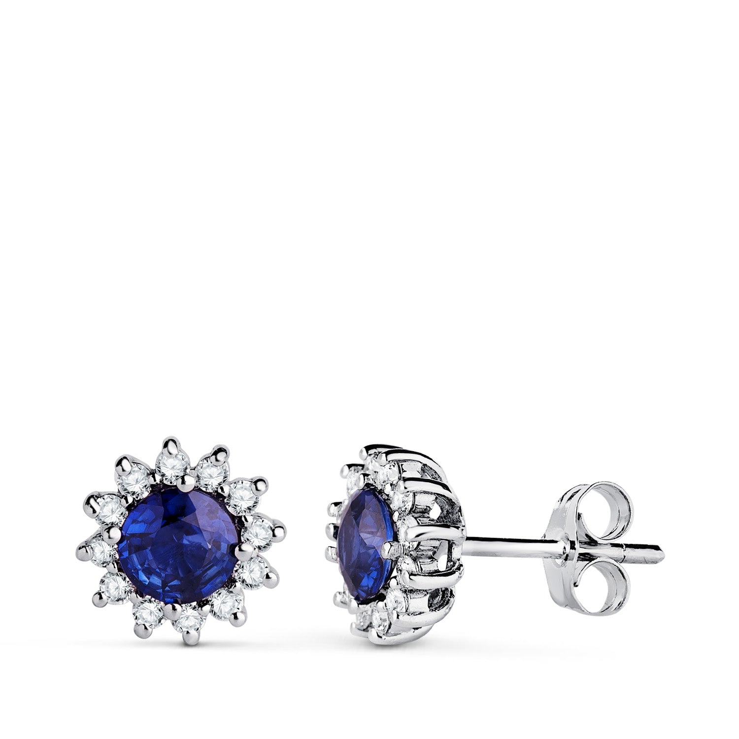 Boucles d'oreilles Or Blanc 18K Saphir 5 mm 1.12 Ct 24 Diamants Lab 0.340 Ct VS2-G 9 mm Fermoir à Pression