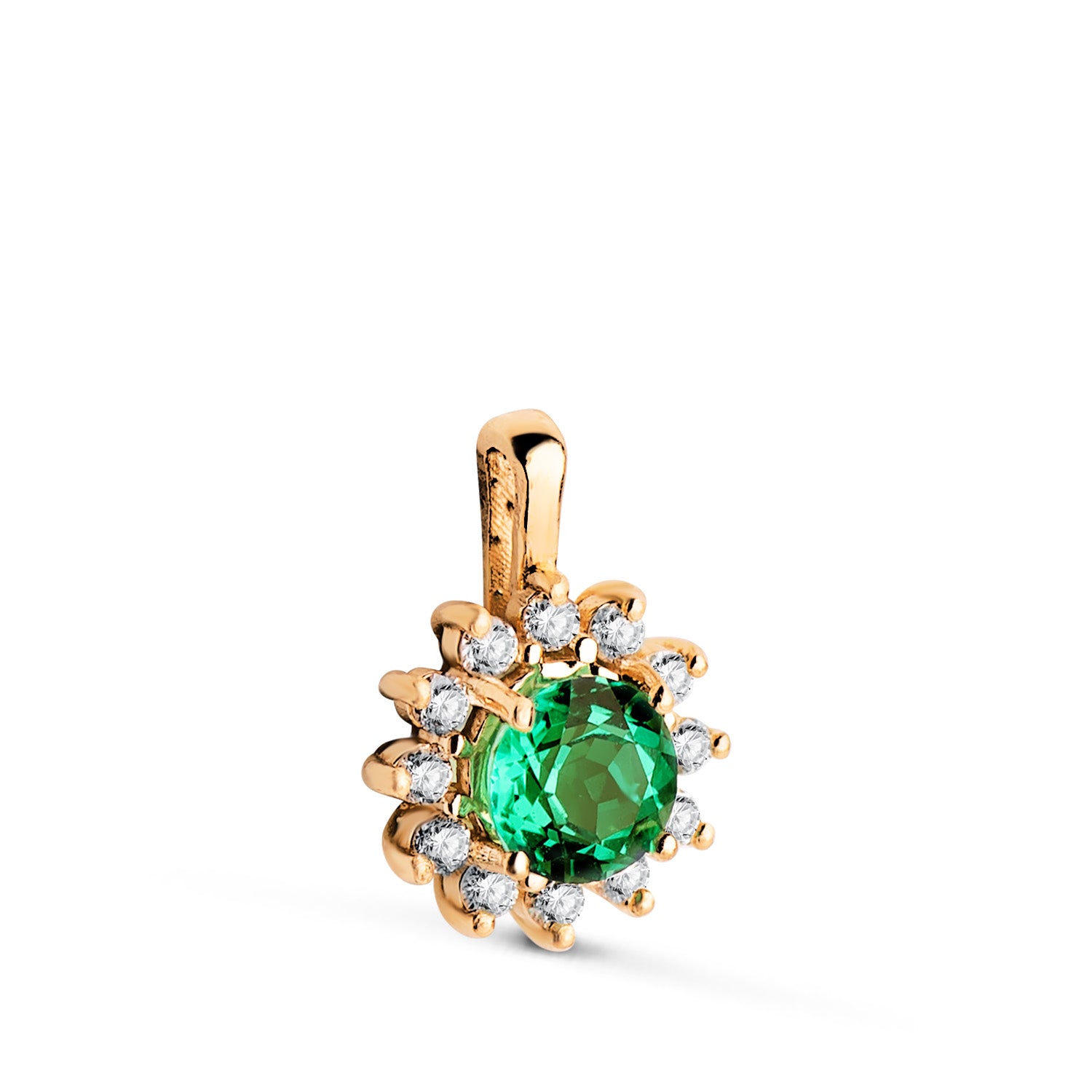 Pendentif en Or Jaune 18K 12 Diamants de Laboratoire et Émeraude Recristallisée 5 mm 0.48 Ct 0.170 Ct VS2-G 13 X 9 mm