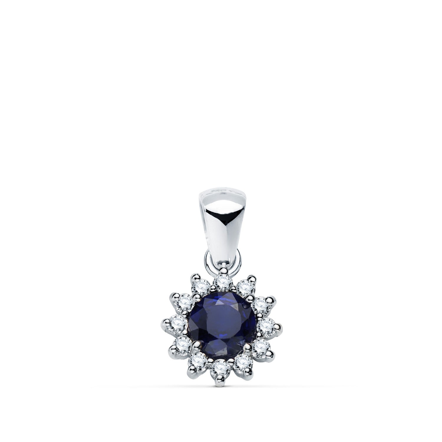 Pendentif en Or Blanc 18K 12 Diamants de Laboratoire et Saphir 5 mm 0.56 Ct 0.170 Ct VS2-G 9 mm