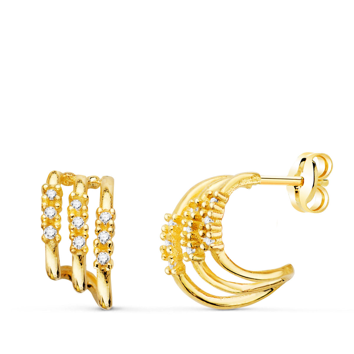 18K Yellow Gold Three Band Diamond Stud Earrings with 0.090 Ct VS2-G Lab Diamonds 11X6 mm Push Back Closure