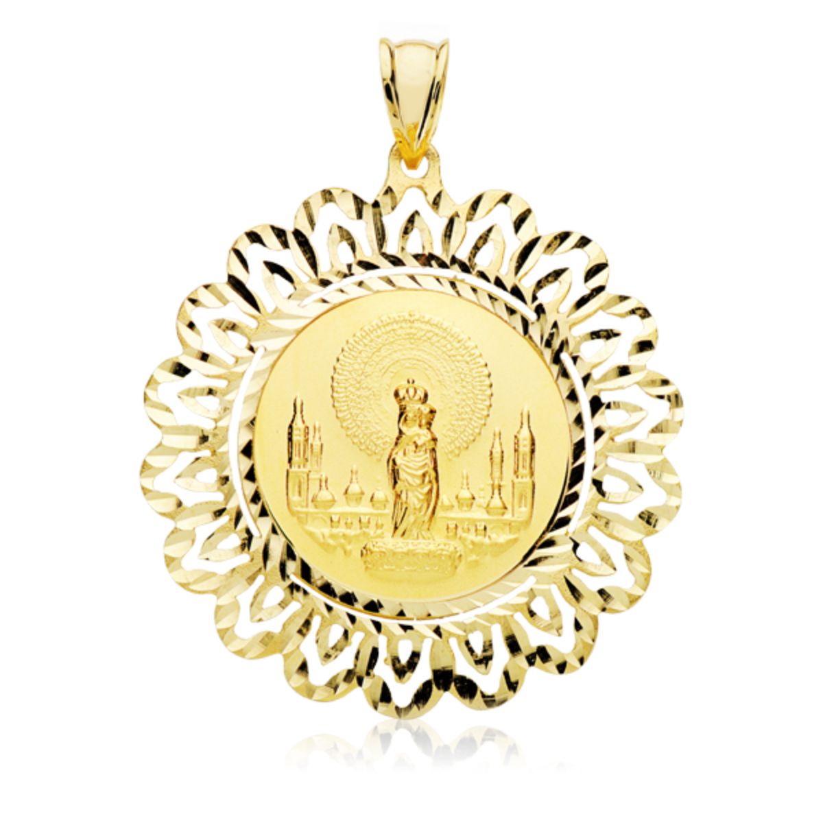 Médaille Or Jaune 18K Vierge Del Pilar Ronde 22 mm avec Cadre Sculpté 40X40 mm