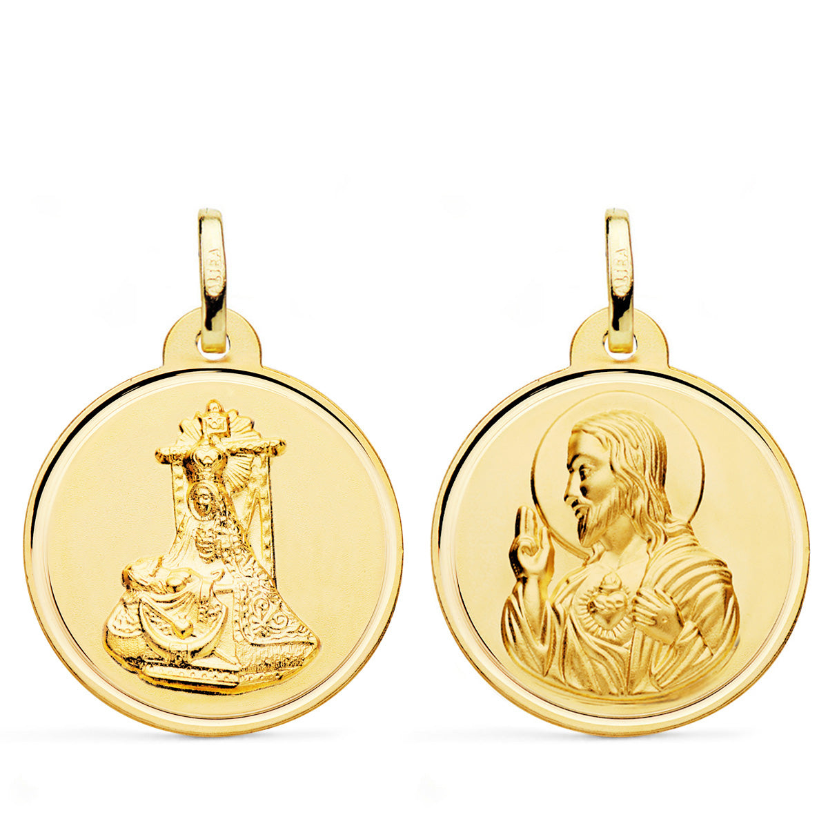 Medalha Escapulária da Virgem das Angústias e Sagrado Coração de Jesus 18K. Bisel 24MM