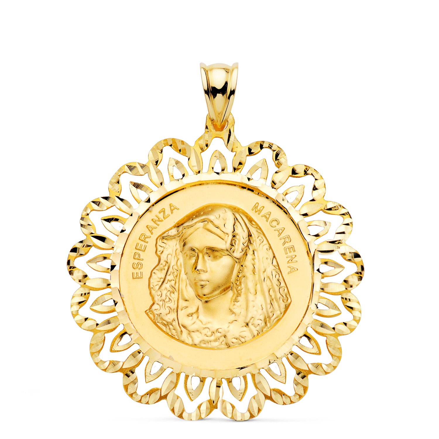 Médaille Or Jaune 18K Vierge Macarena Diamantéeclôture 34 X 34 mm