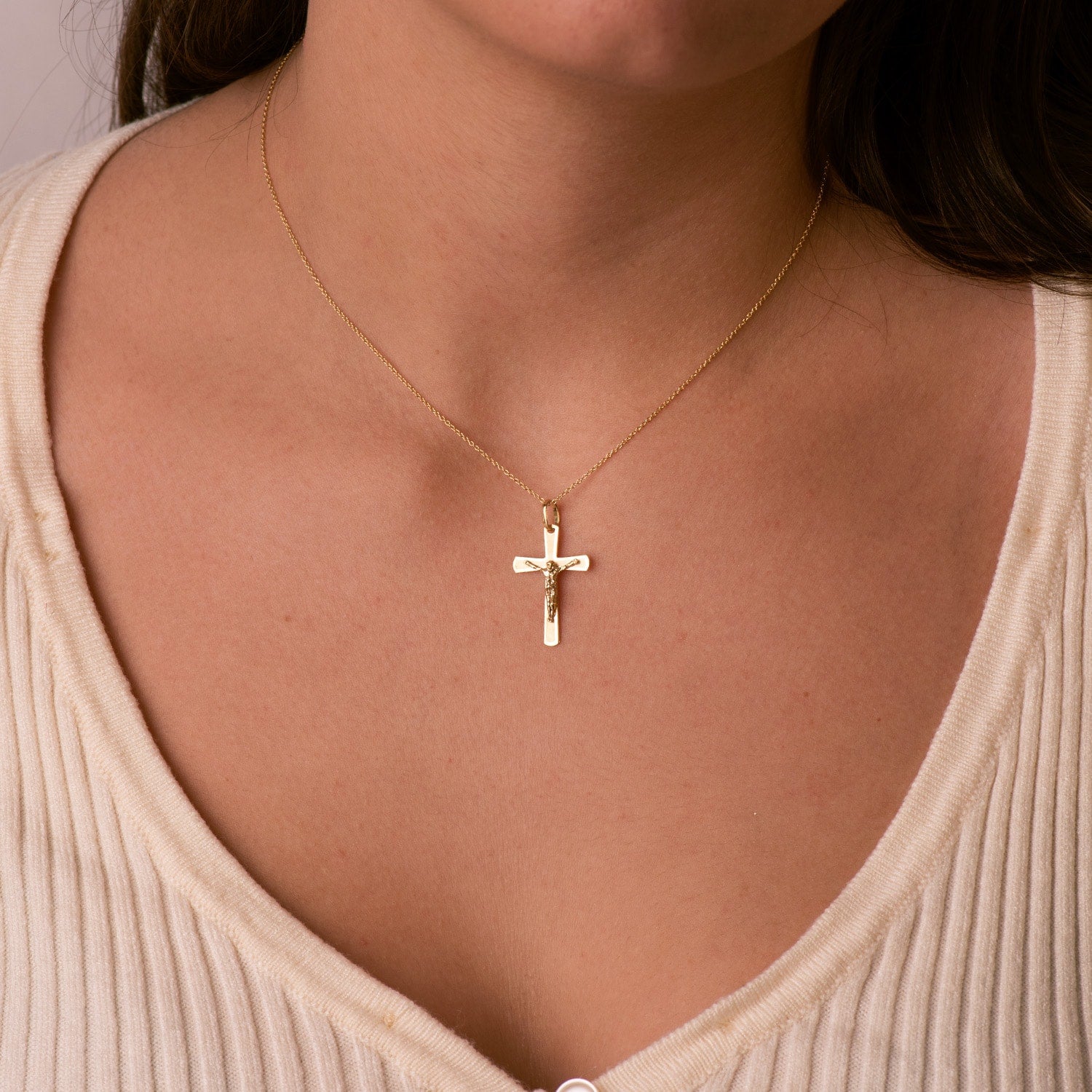 18K Pendentif Christ en Croix Plate Laser 25X16 mm