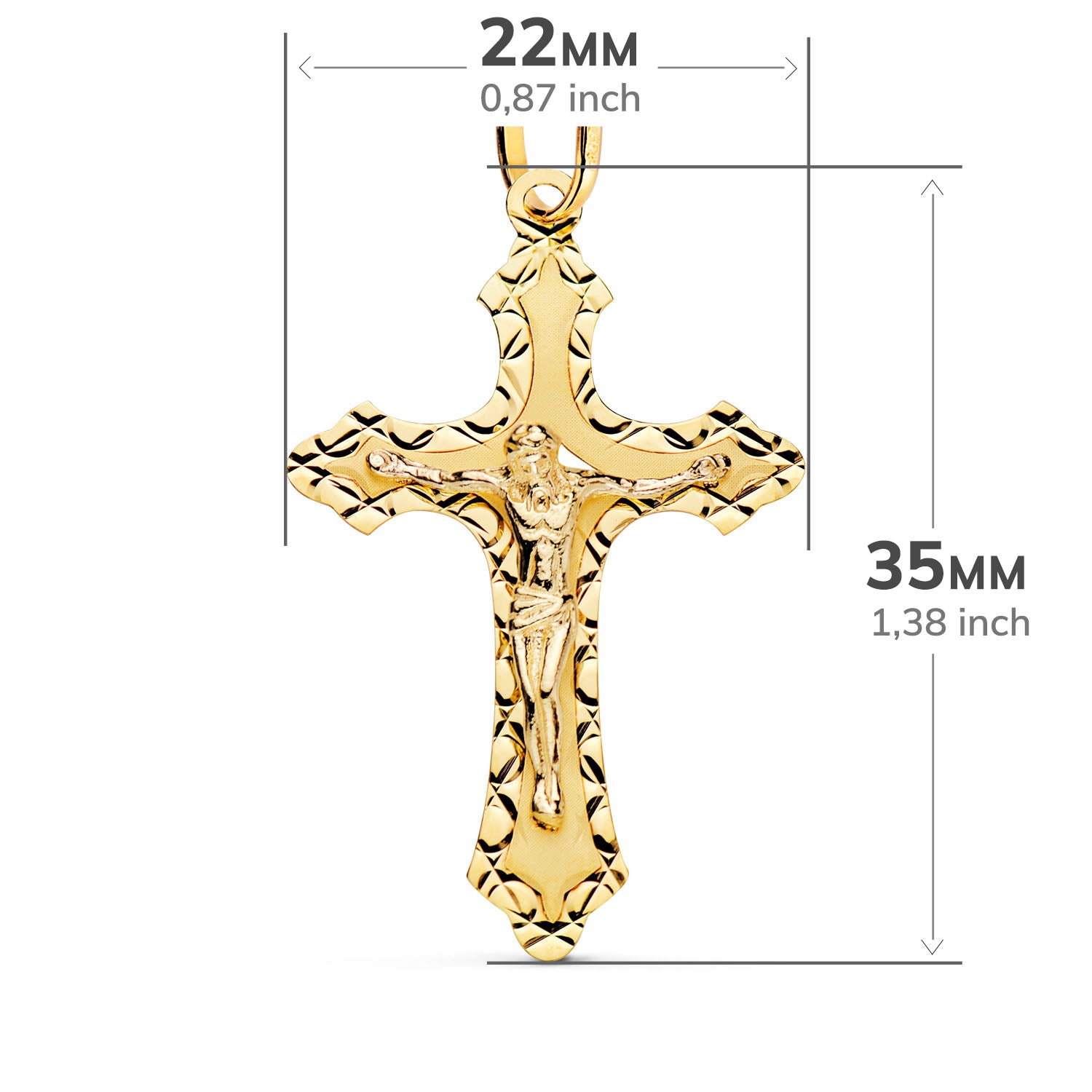 18K Pendentif Croix avec Christ Facetté 35X22MM