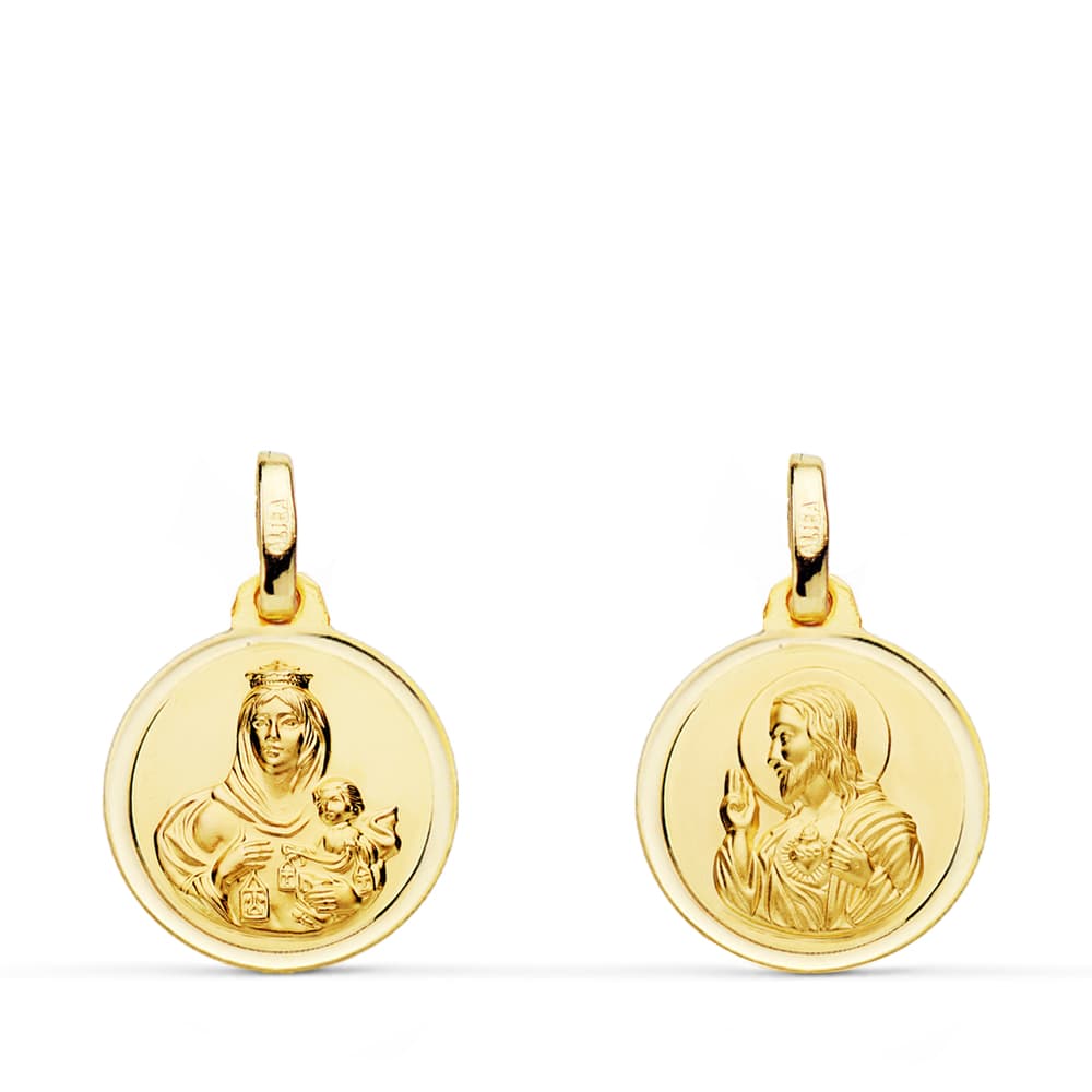 Escapulario Oro Amarillo 18K Bisel Virgen Del Carmen Corazón de Jesús 14 mm