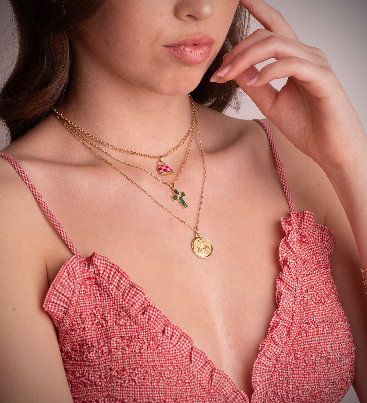 Lunette en Or Jaune 18K Scapulaire Vierge Del Carmen Coeur de Jésus 18 mm