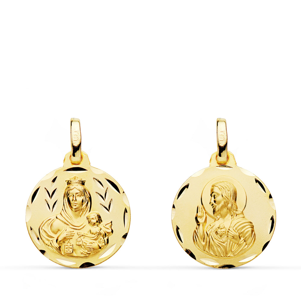9K Médaille Scapulaire Vierge du Mont Carmel et Sacré Coeur de Jésus 16MM