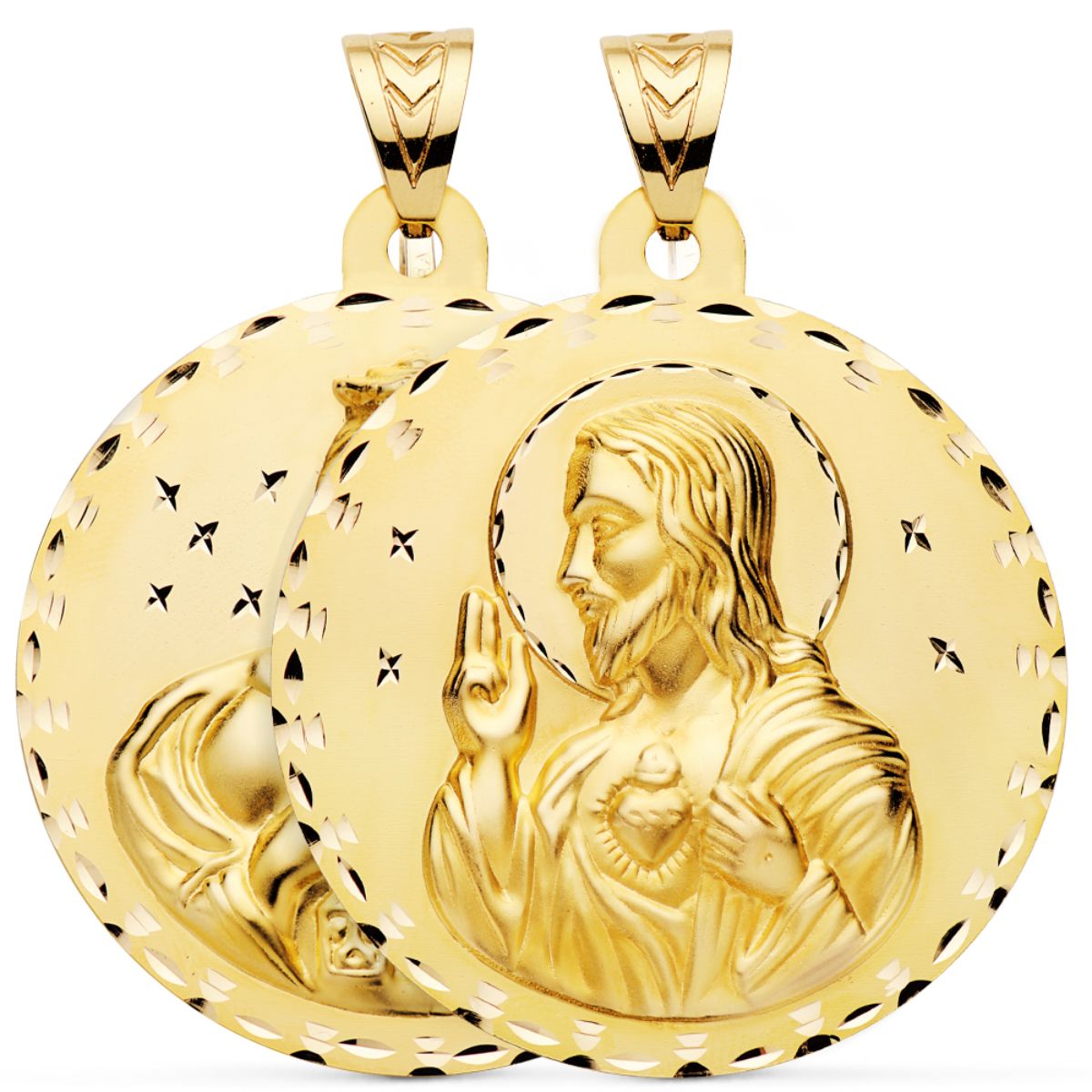 18K Médaille Scapulaire Vierge du Mont Carmel et Coeur de Jésus 55MM