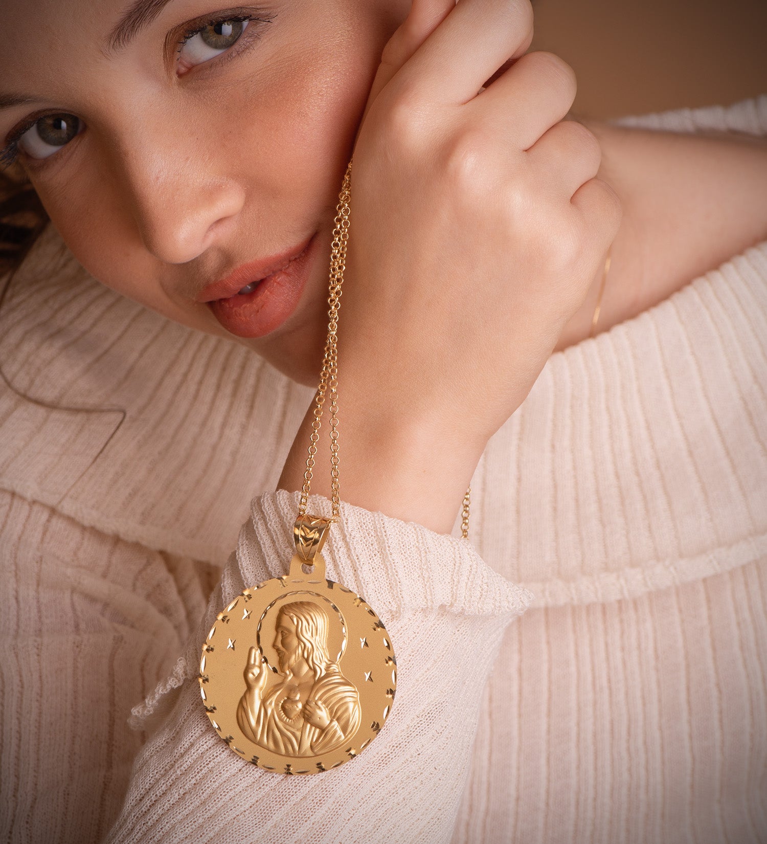 18K Médaille Scapulaire Vierge du Mont Carmel et Coeur de Jésus 55MM