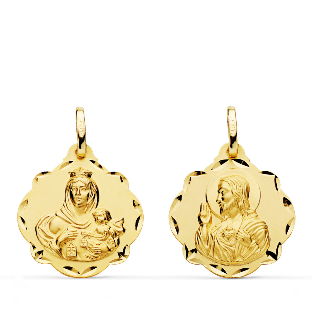 18K Médaille Scapulaire Vierge du Mont Carmel et Sacré Coeur de Jésus 20 mm