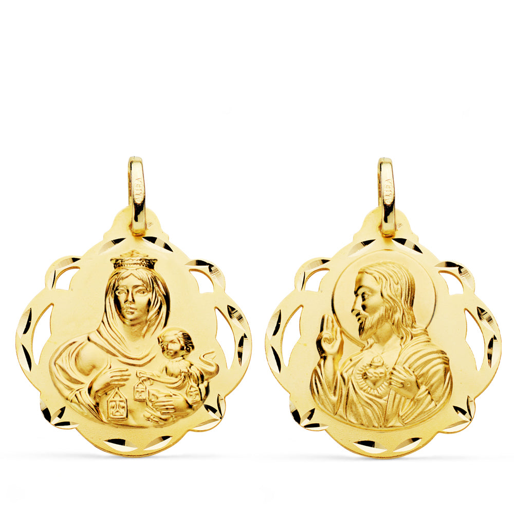 18K Médaille Scapulaire Vierge du Mont Carmel et Sacré Coeur de Jésus 24 mm