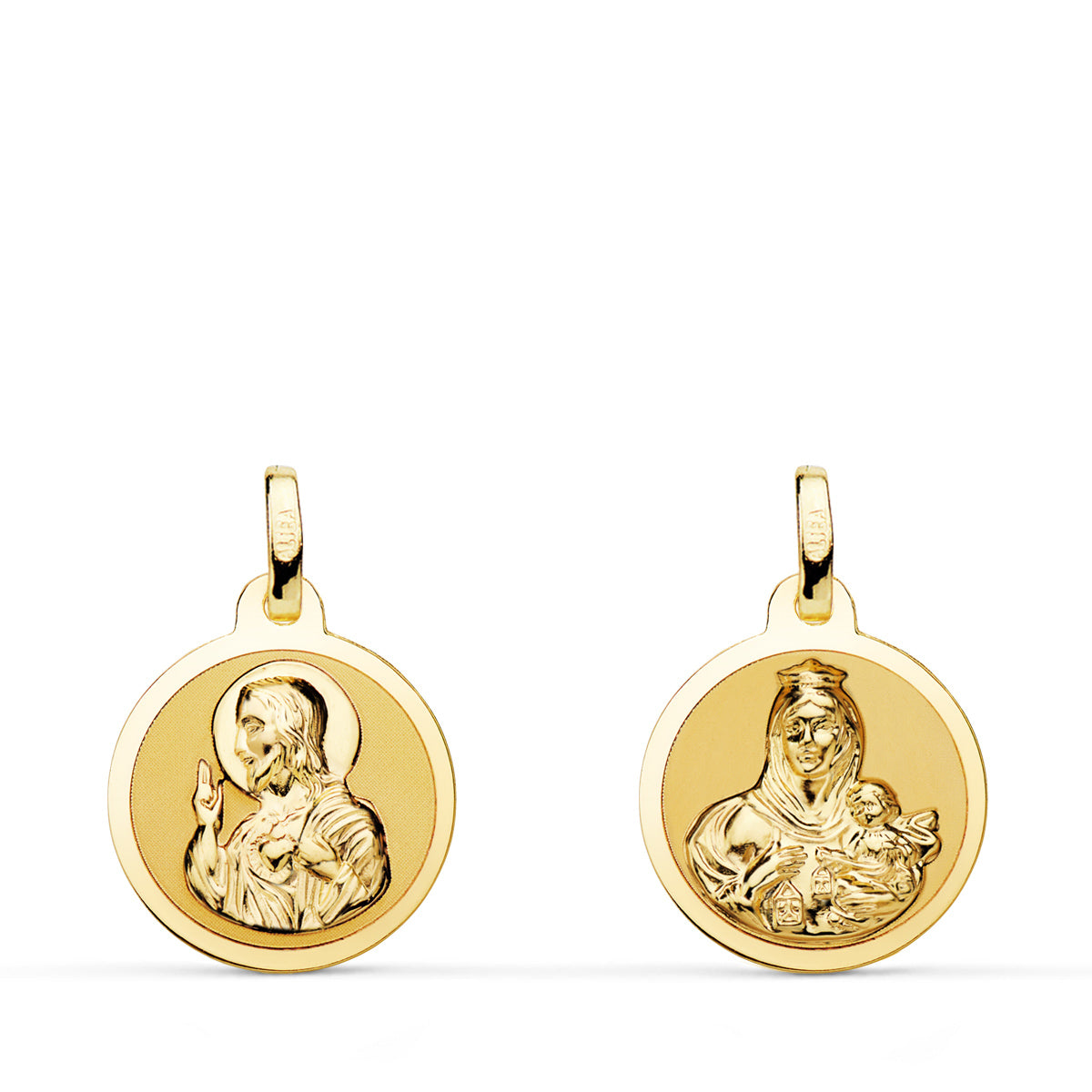 Scapulier Maagd van Carmen en Hart van Jezus in briljant 18K geel goud 14 mm