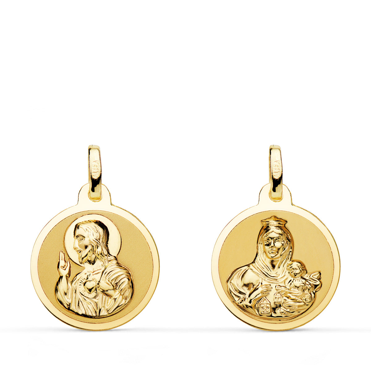 Scapulaire Vierge du Carmen et C?ur de Jésus en Or Jaune Brillant 18K 16 mm