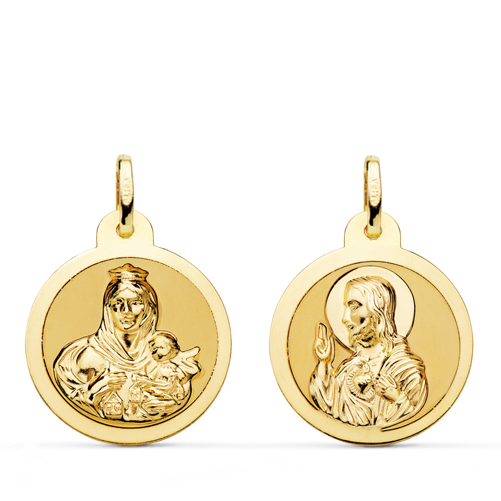 Scapulaire Vierge du Carmen et C?ur de Jésus en Or Jaune Brillant 18K 20 mm