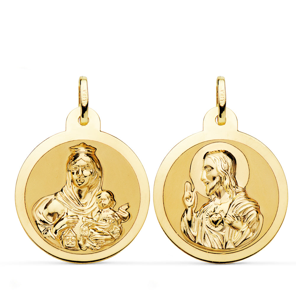 Scapular Or Jaune Brillant 18K Vierge Del Carmen Coeur Jésus 24 mm