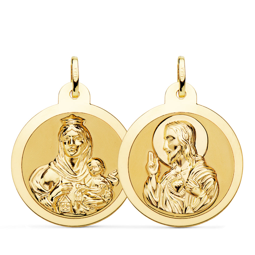Escapulário da Virgem de Carmen e Coração de Jesus em Ouro Amarelo 18K Brilhante 26 mm