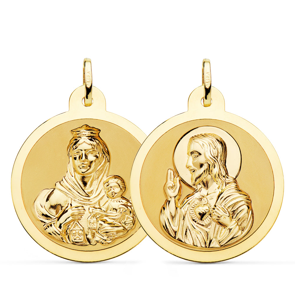 Scapulaire Vierge du Carmen et C?ur de Jésus en Or Jaune Brillant 18K 28 mm