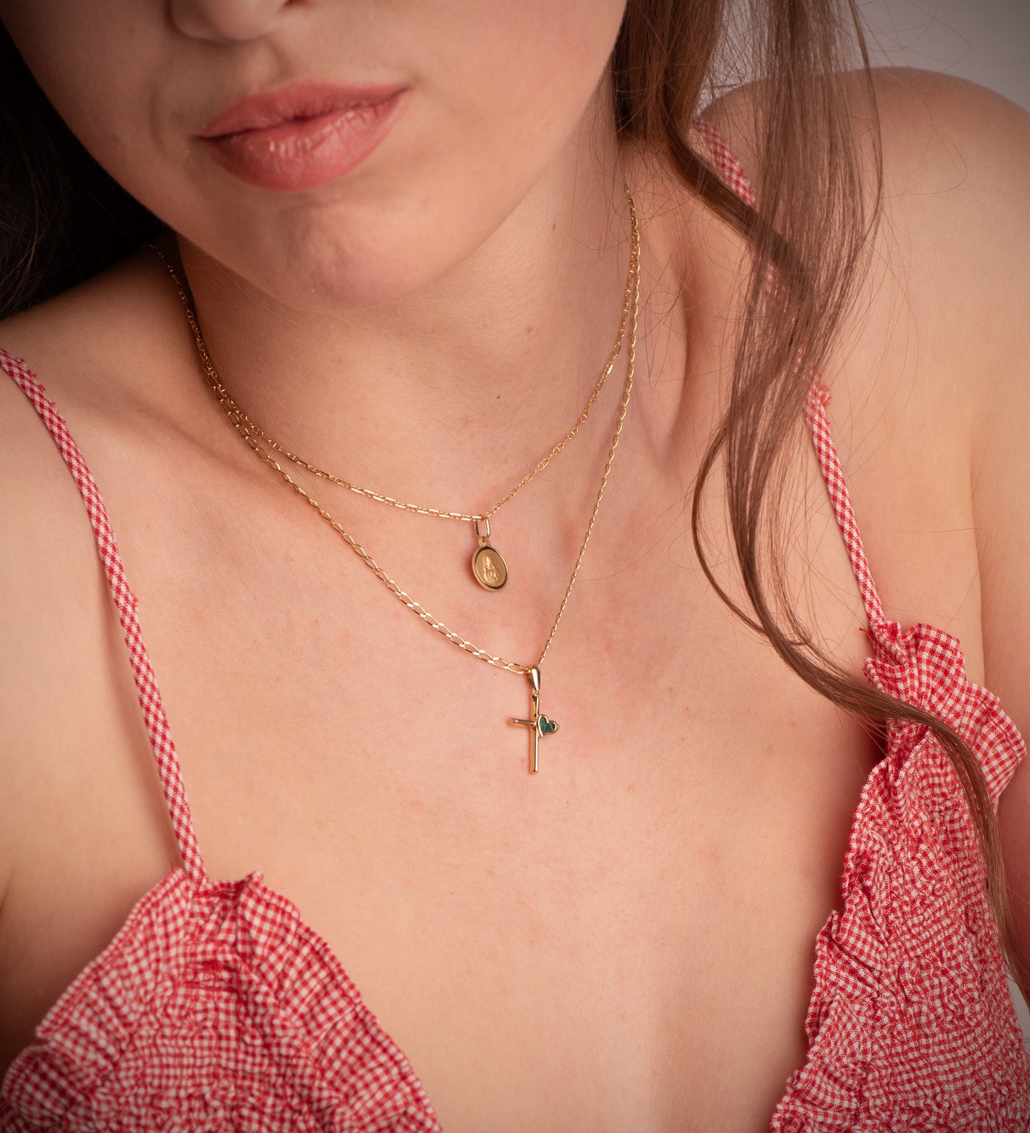 Croix en Or Jaune 18K avec C?ur en Malachite Taille : 18 X 12 mm