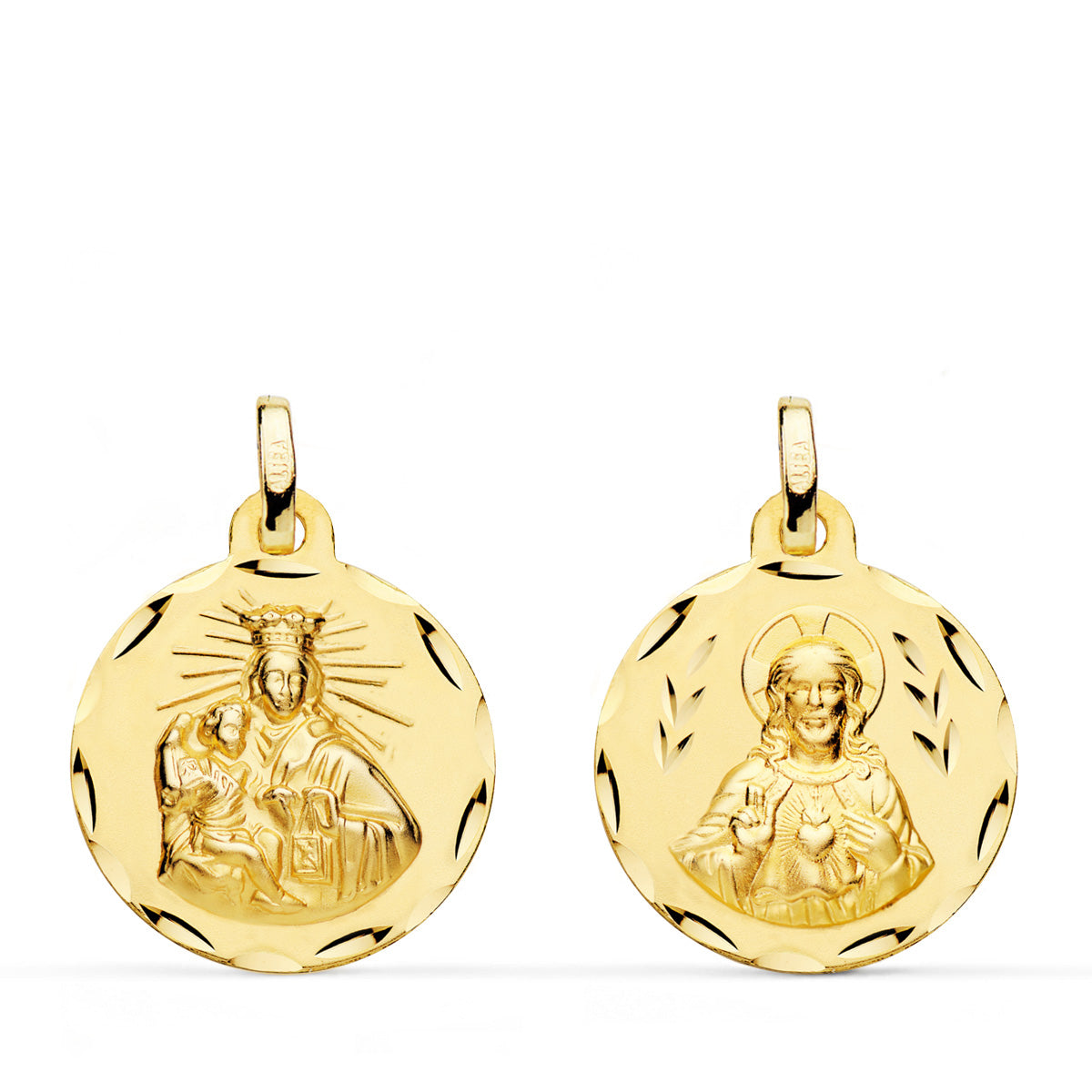 Escapulario Corazón de Jesús y Virgen del Carmen Escapulario Tallado Oro Amarillo 18K 18 mm