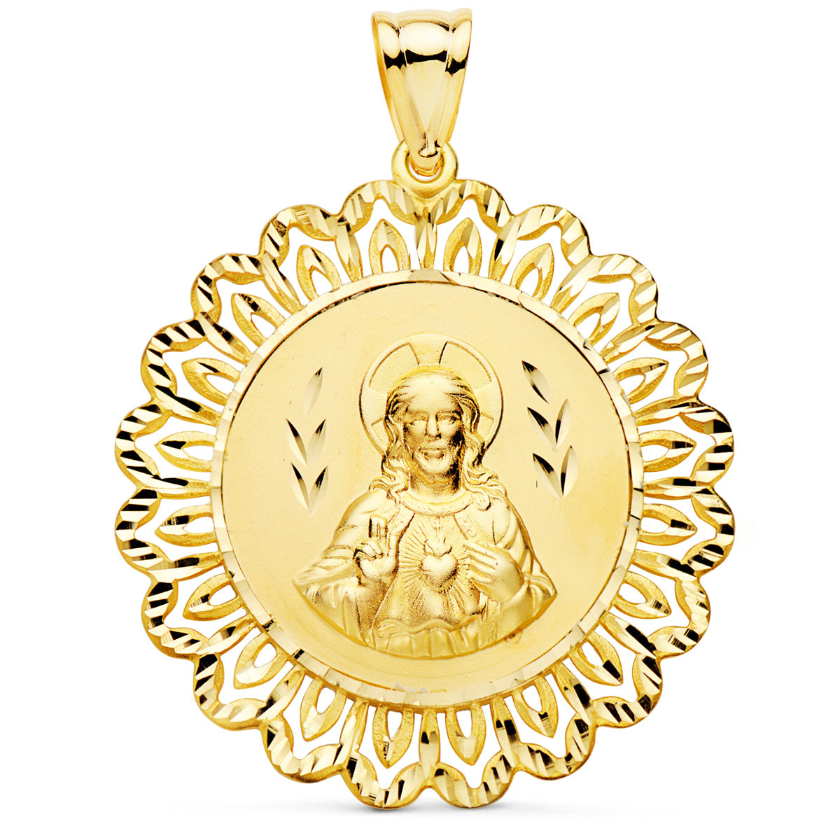 Medalla Corazón de Jesús Oro Amarillo 18K Cierre Filigrana Tallada 37X37 mm