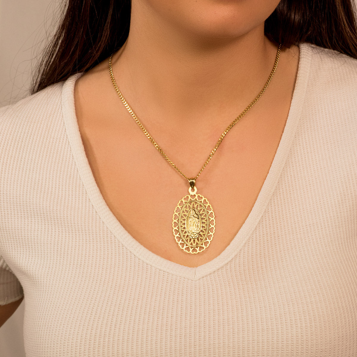 18K Médaille Coeurs Ajourées Notre-dame de Guadalupe 50X35