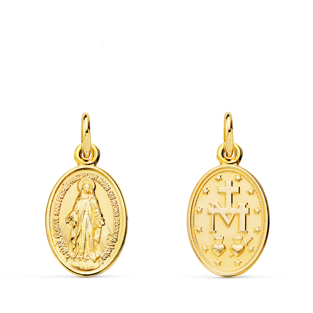 18K Medaille Vierge Miraculeuse Inscription en Français 17 X 10 mm