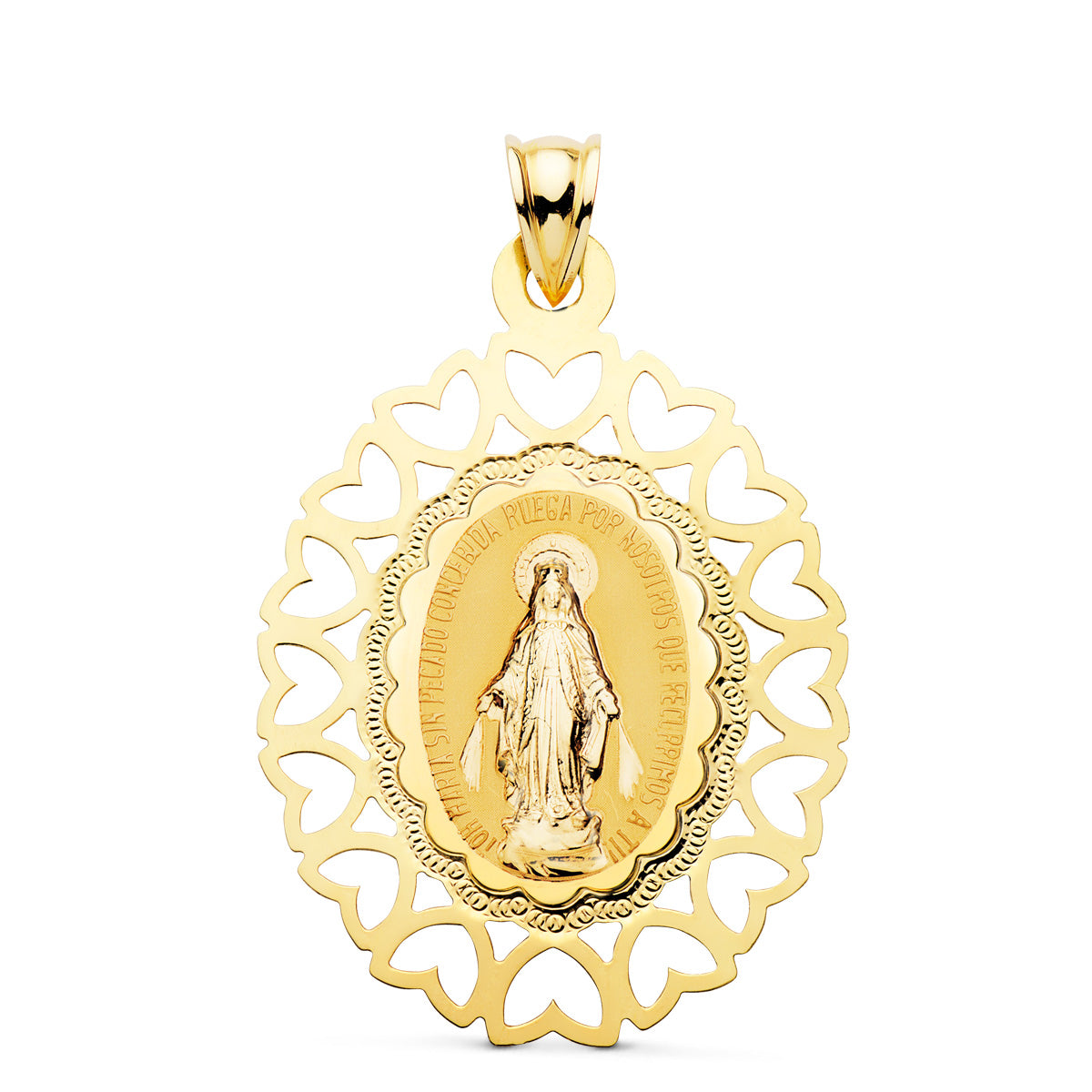 18K Médaille Coeurs Ajourées Notre-dame de Miraculeuse 40X33 mm