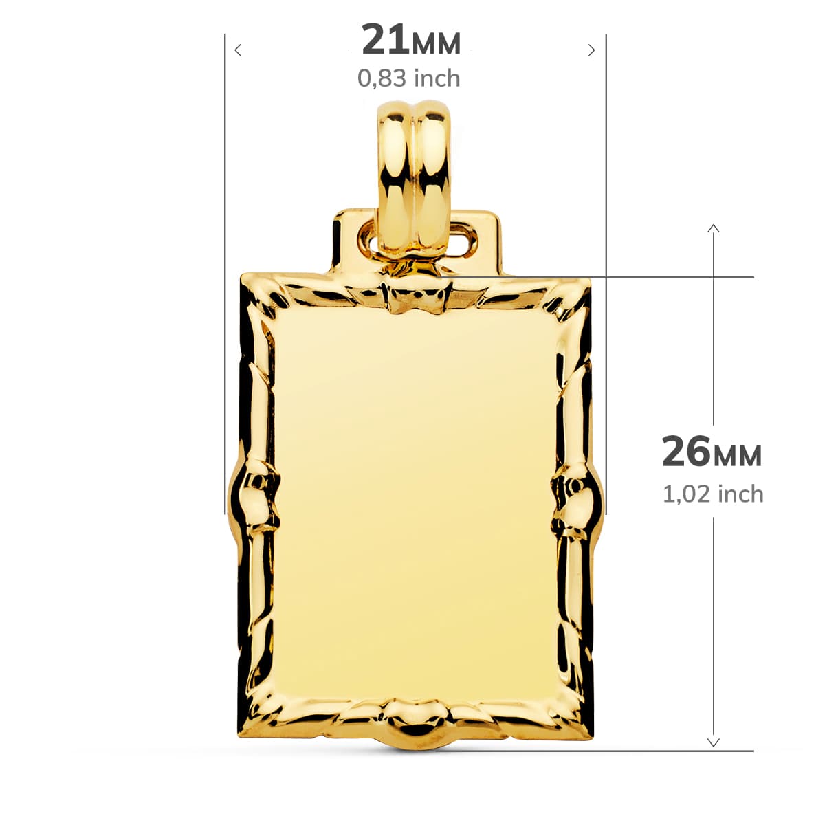 Lesklá obdélníková plaketa pozlacená 18K žlutým zlatem 26X21 mm