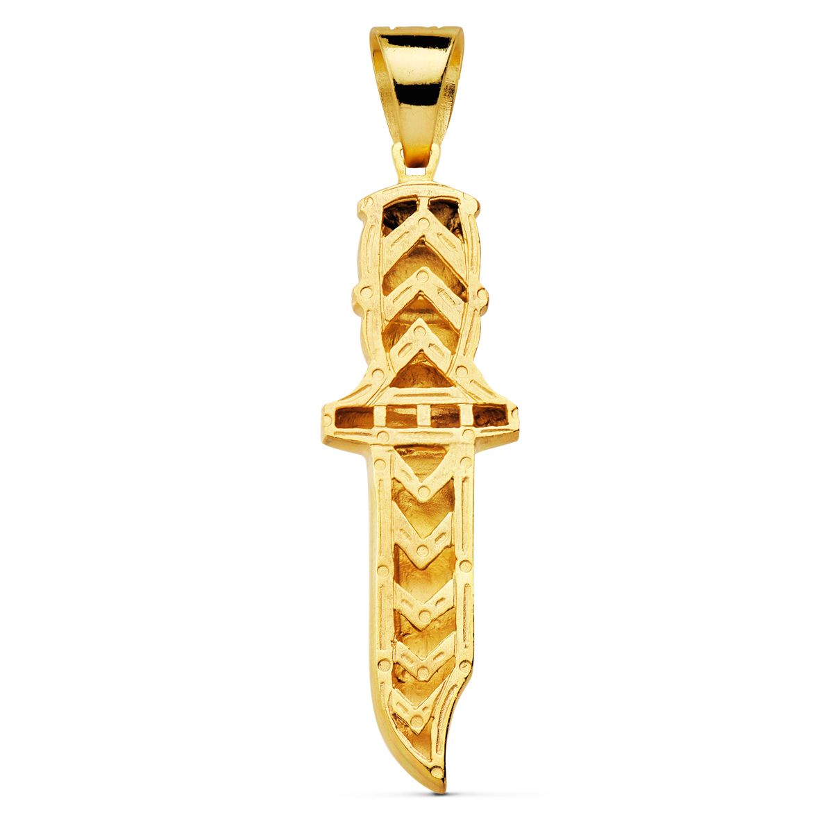 Vyřezávaný přívěsek dýka z 18K žlutého zlata 2x18 mm