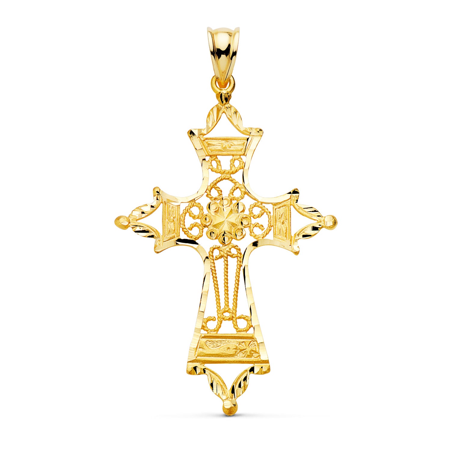 18K Pendentif Croix Filigrane en Or Jaune 46X30 mm
