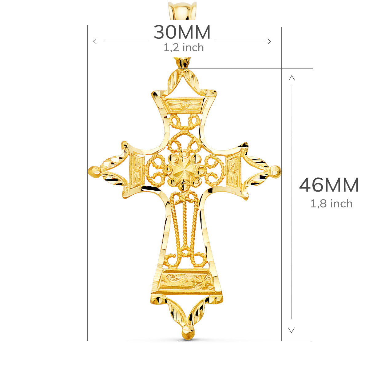 18K Pendentif Croix Filigrane en Or Jaune 46X30 mm