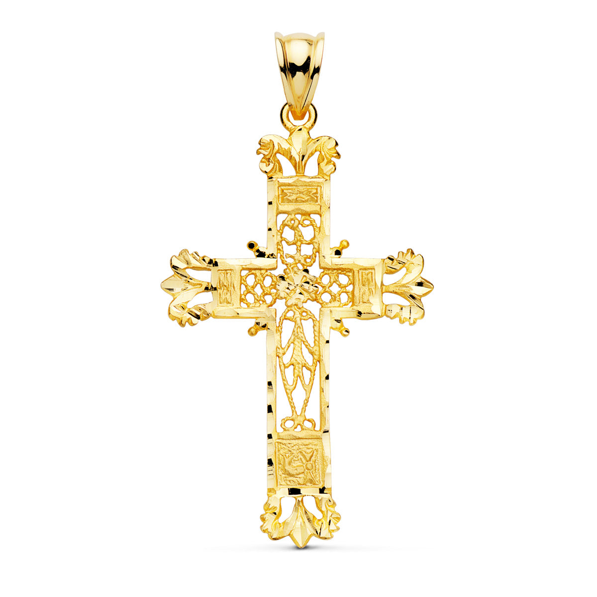 Croix Or Jaune 18K Bords Diamantee S Filigrane 44X28 mm