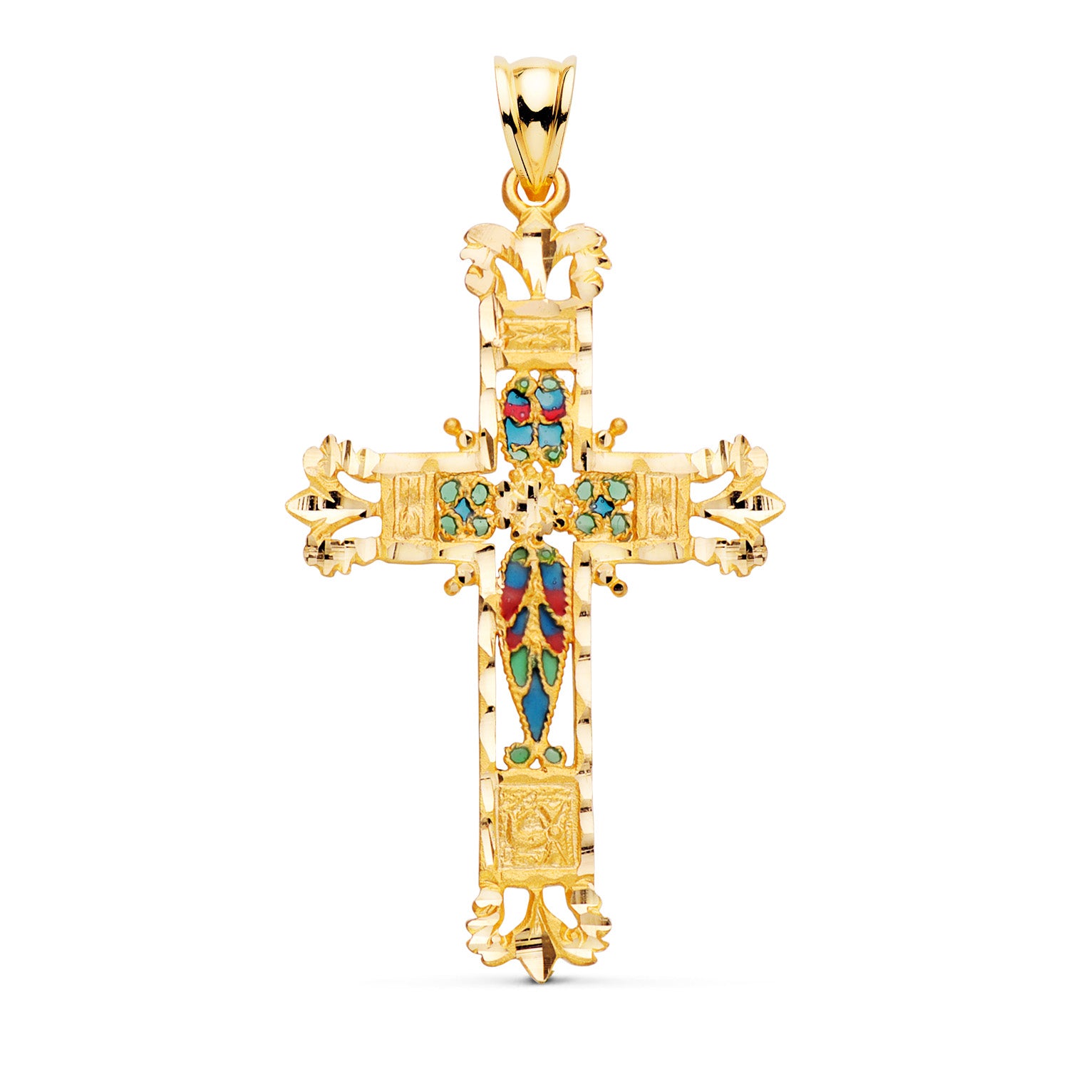 Croix Or Jaune 18K Vitrail Cathédrale Bords Sculptés 44X28 mm